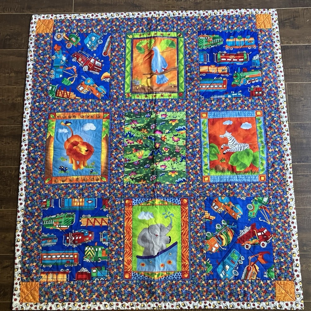 Handmade Kids Patchwork Quilt 36 X41 Trains Trucks Safari Animals & Bugs Vintage